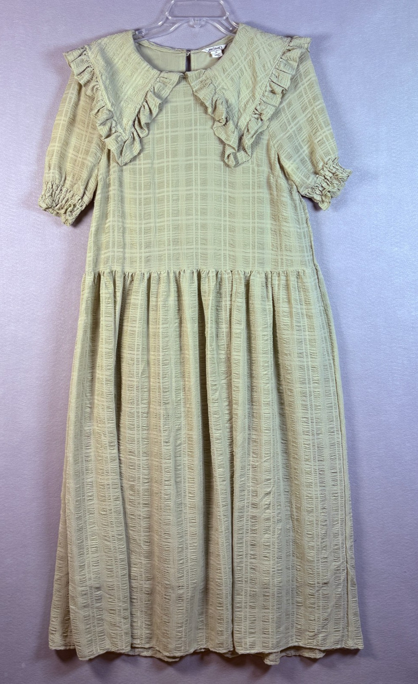 Monkl Sage Green Plaid Seersucker Midi Dress Ruffle Collar Size 38 Puff Sleeve